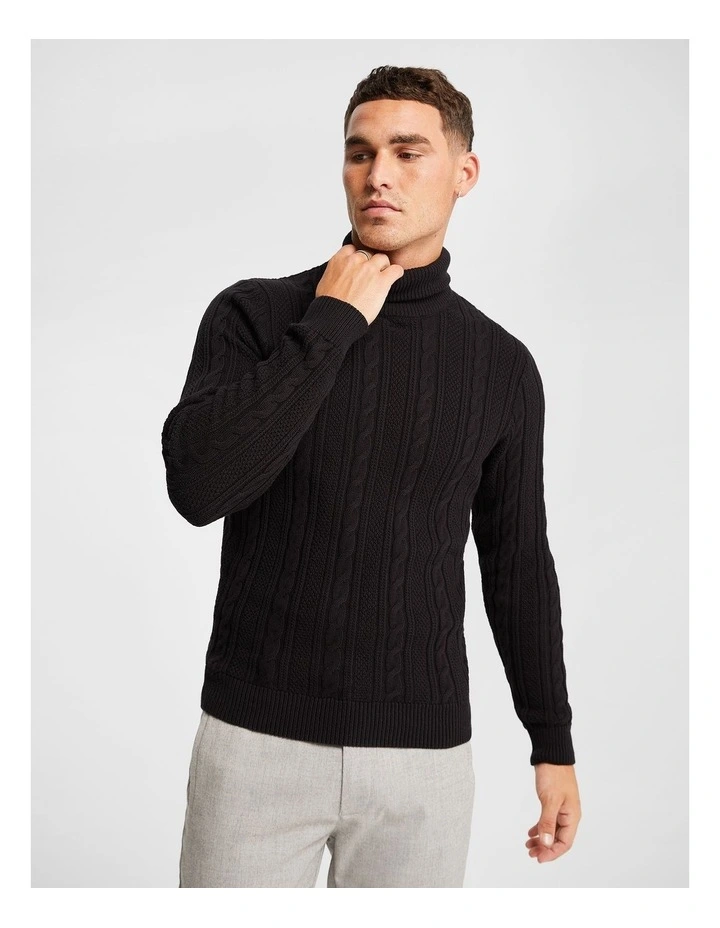 Tommy Roll Neck Cotton Cable Knit Jumper in Black