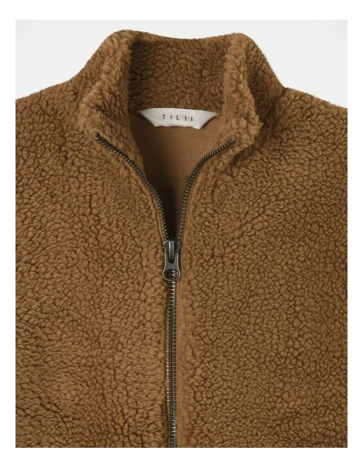 Sherpa Zip Thru Longline Sweat Top in Tan