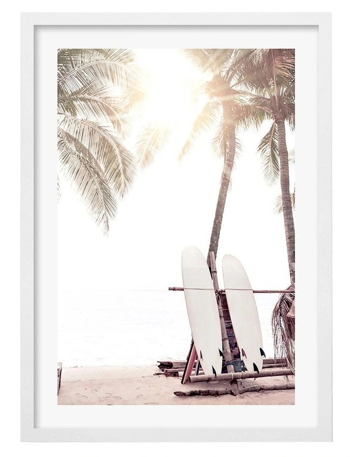 Australian Made Surfboard Sunrise Art Print A3 in White Frame