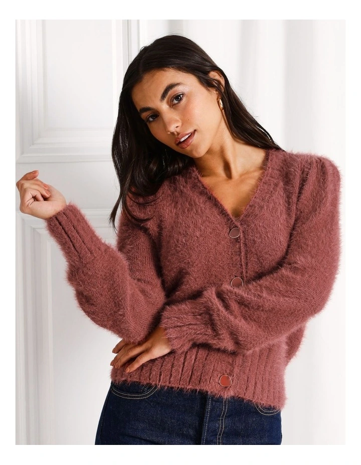 Recycled Blend V-Neck Fluffy Knit Cardigan in Rouge