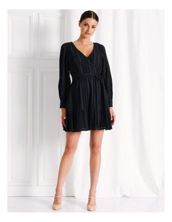 Cotton Broderie Long Sleeve Mini Dress in Navy