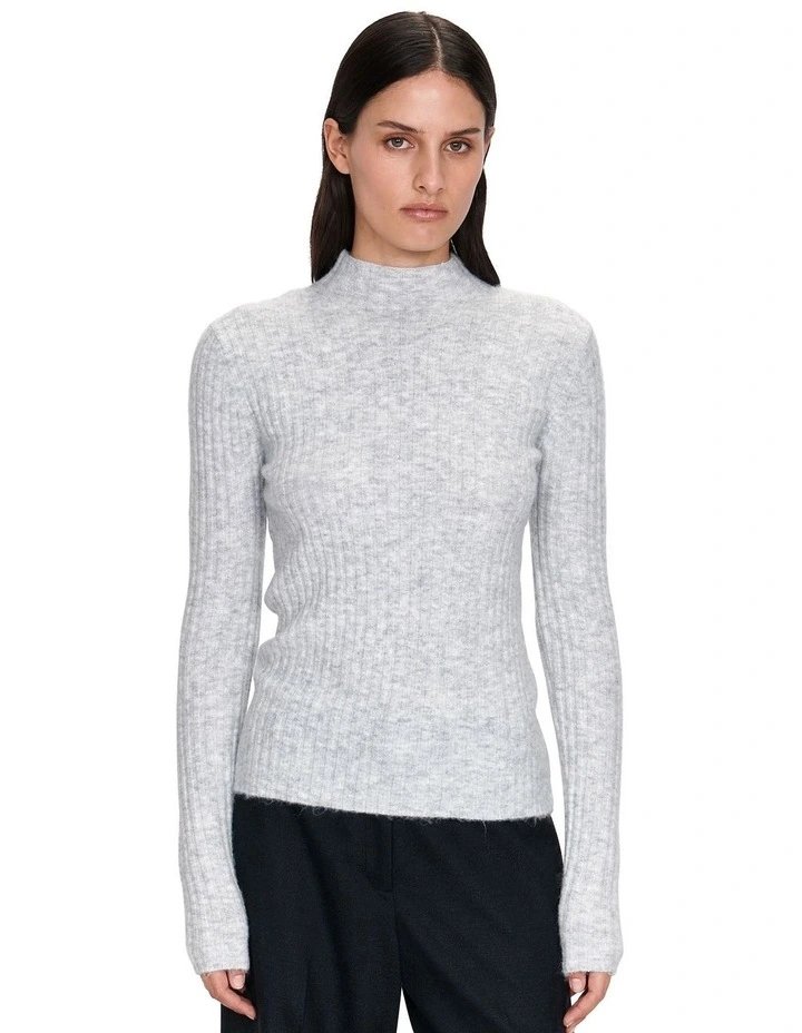 Fuzzy Funnel Neck Ribbed Knit in Grey