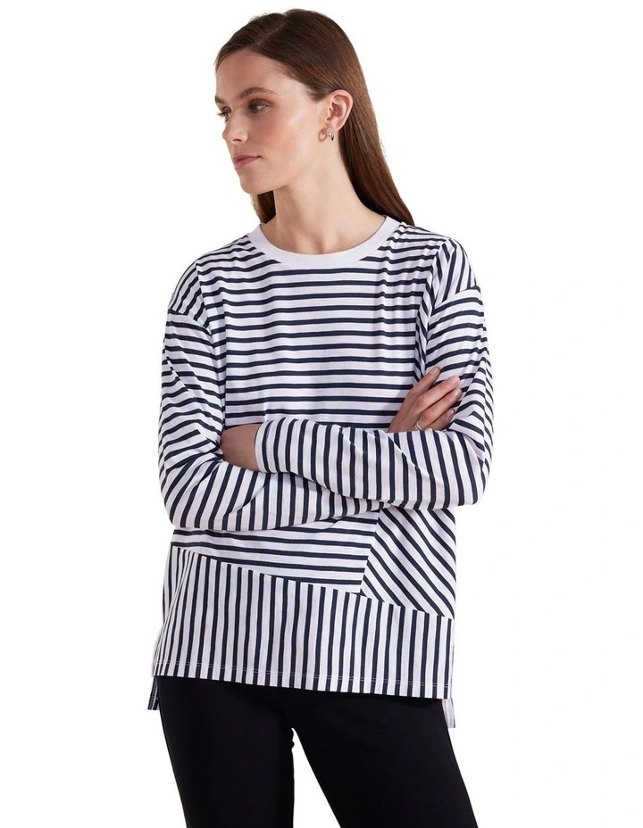 Long Sleeve Spliced Stripe Tee in Black