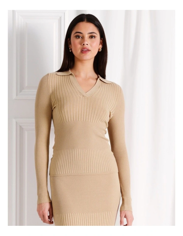 Co-Ord Variegated Rib V Neck Knit Polo in Stone