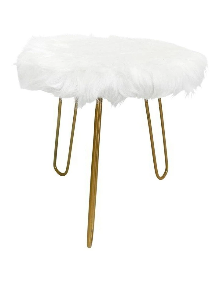 Faux Fur 3-Golden Legged Stool in White