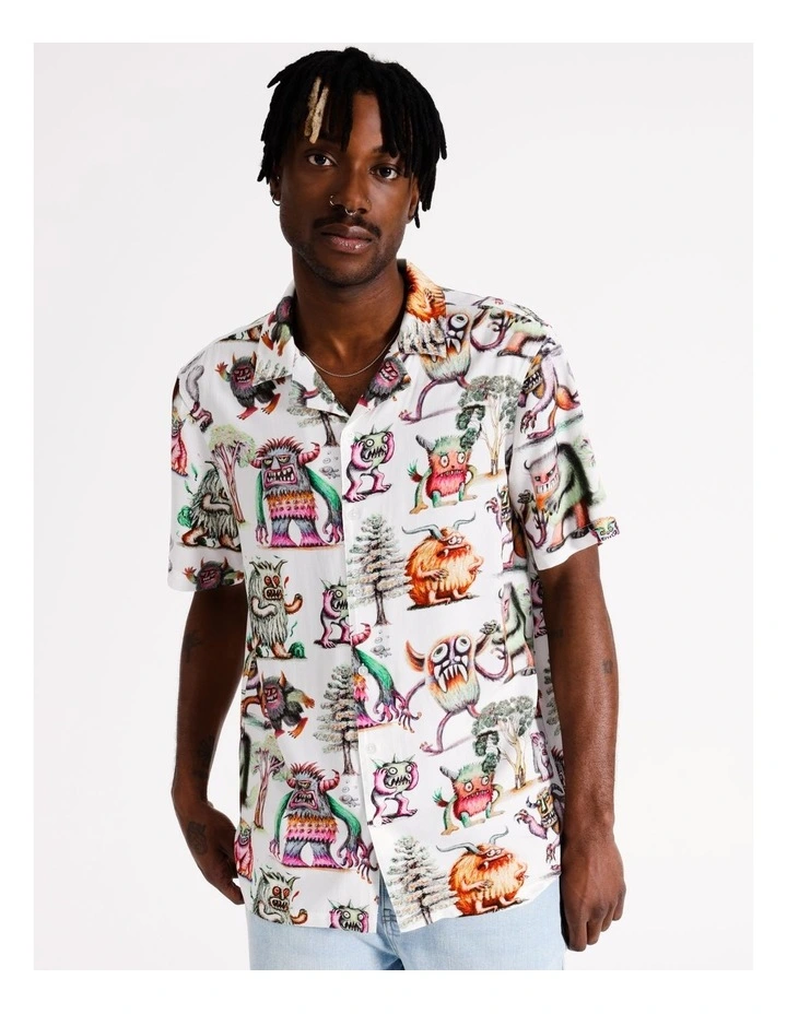 Wild Things Print Short Sleeve Rayon Shirt in White