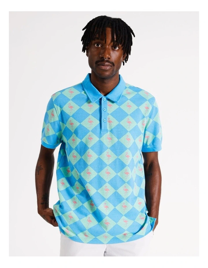 Birdie Print Pique Short Sleeve Polo in Blue