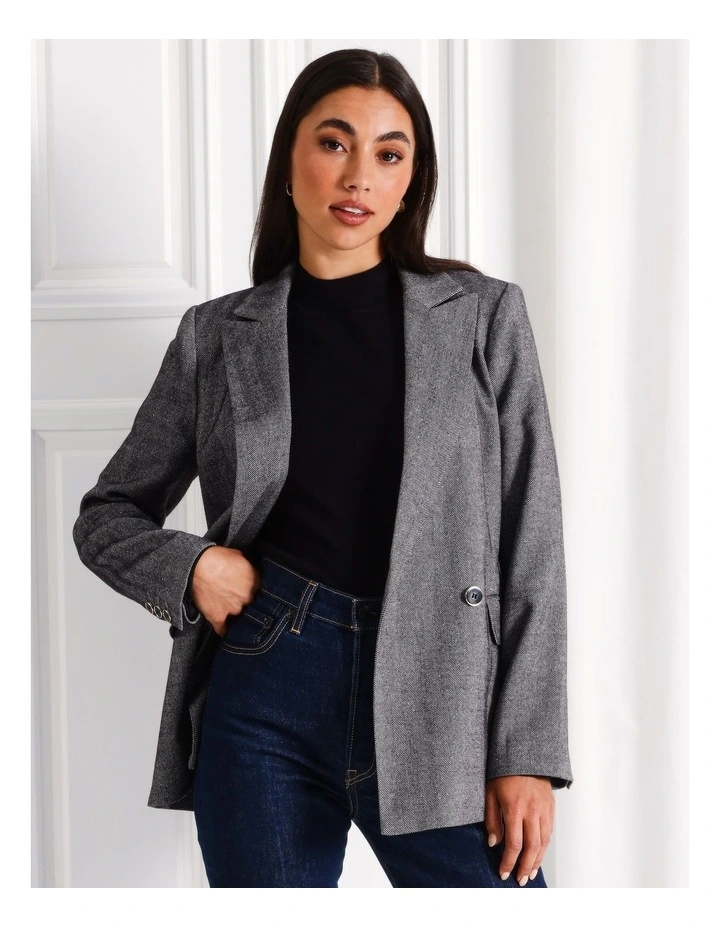 Herringbone Double Breasted Blazer in Charcoal