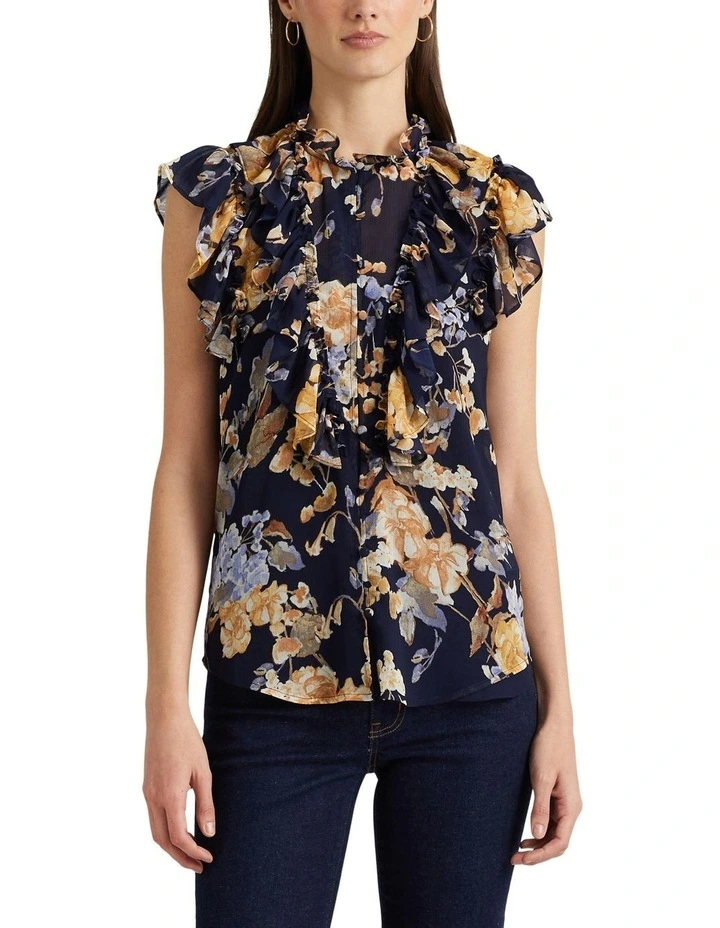Floral Georgette Sleeveless Shirt in Navy