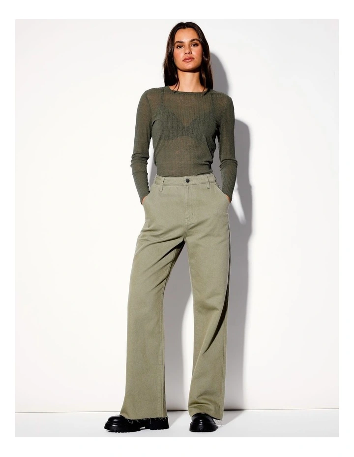 Recycled Blend Wide Leg Casual Drill Pant in Sage