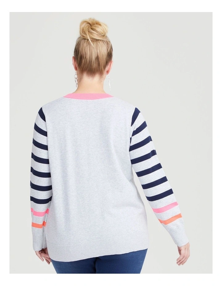 Stripe Love Heart Jumper in Grey Marle/Navy