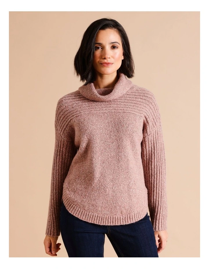 Recycled Polyester Blend Rib Yoke And Sleeve Cowl Neck Jumper In Pepperberry