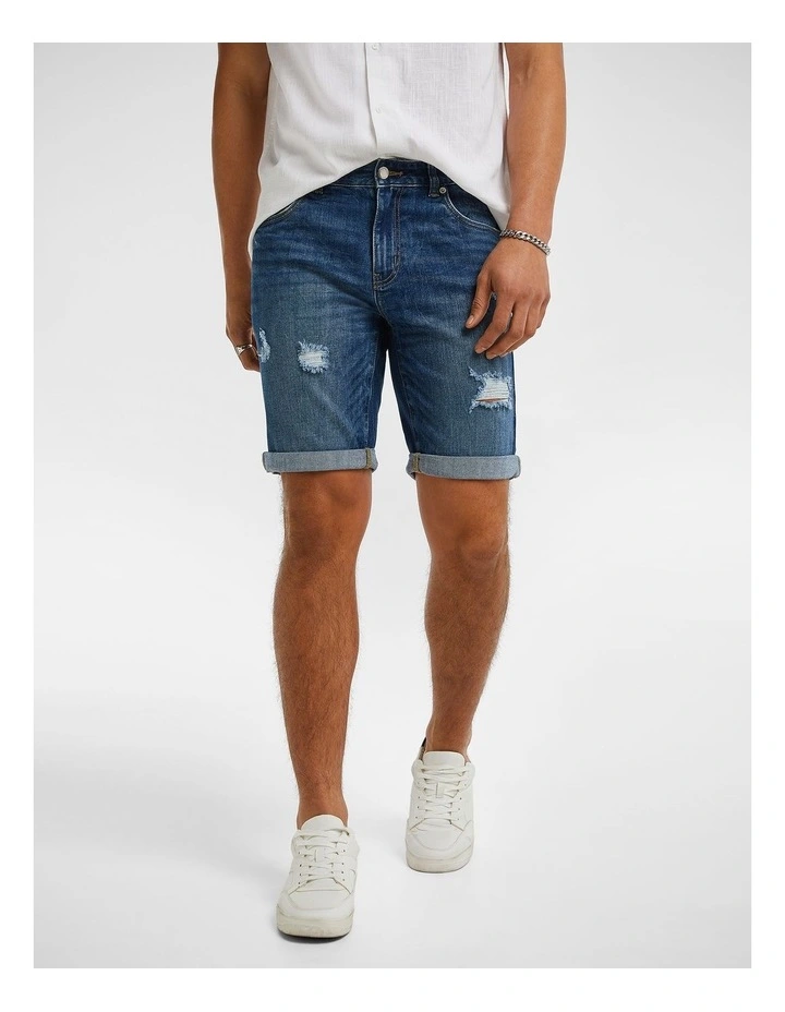 Massimo Ripped Denim Shorts in Dark Wash