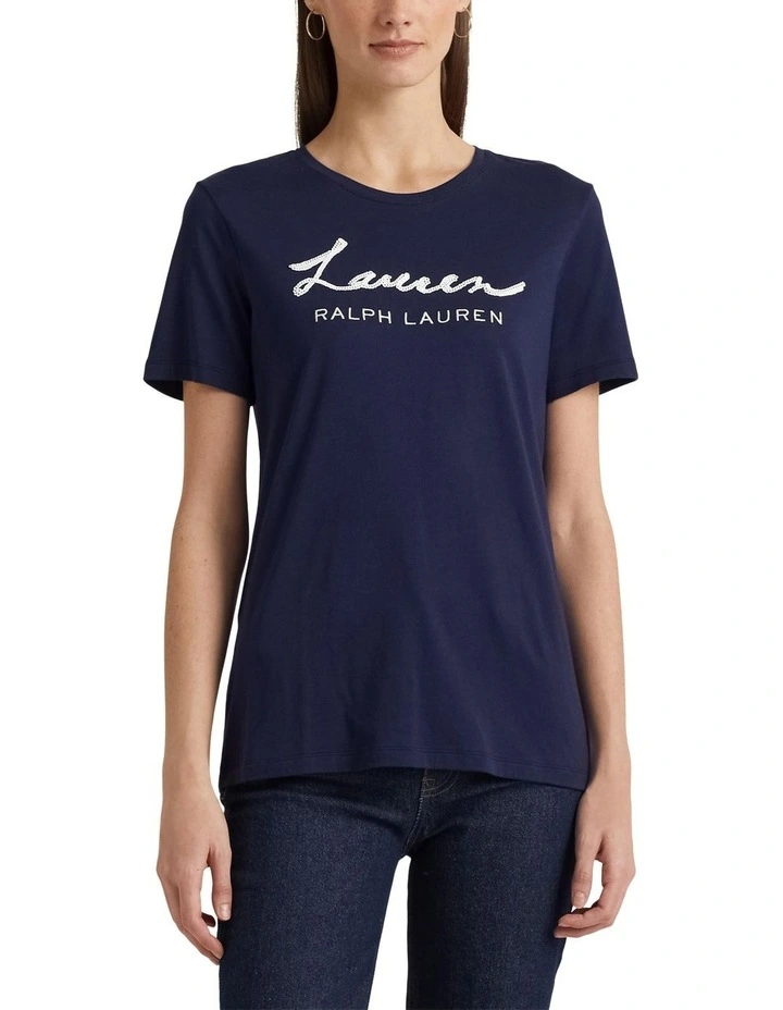 Sequined Logo Jersey Tee in Navy