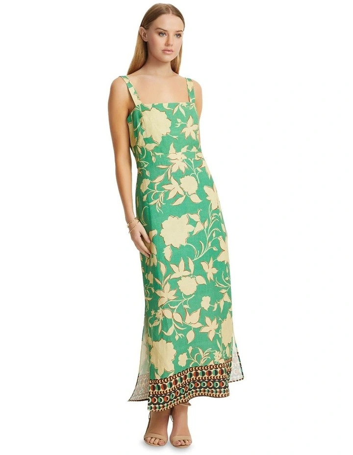 Simone Linen Blend Printed Dress in Green