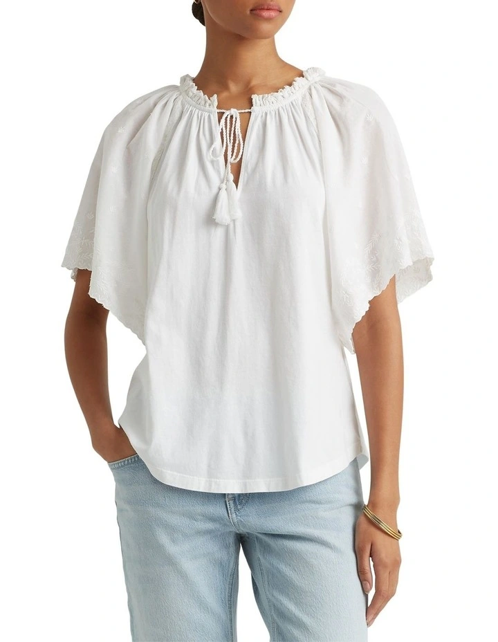 Eyelet Jersey Flutter-Sleeve Top in White