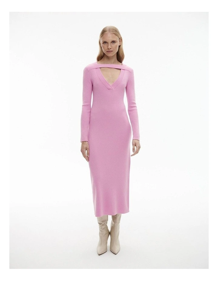 Knit V Neck Cut Out Dress in Orchid Pink