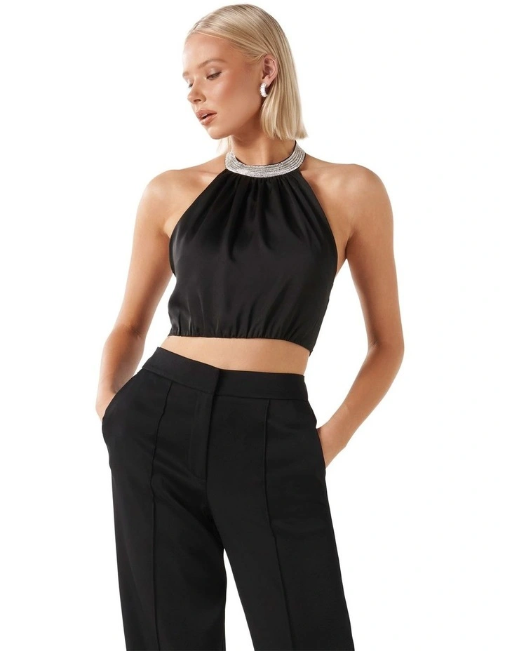 Emerson Embellished Halter Neck Top in Black