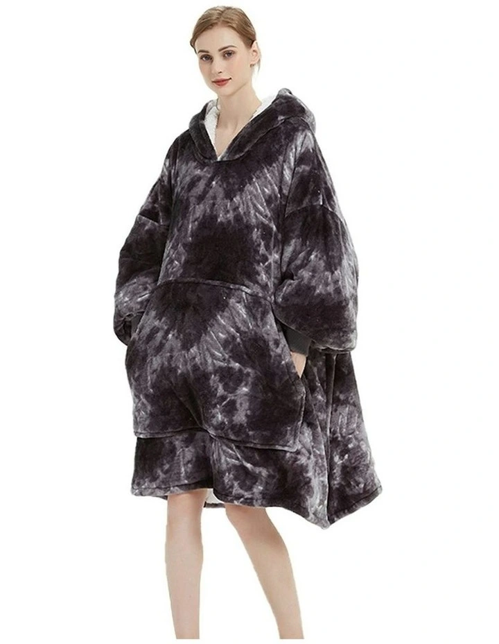 Comfy Soft Fleece Hoodie Blanket in Tie-Dyed Grey