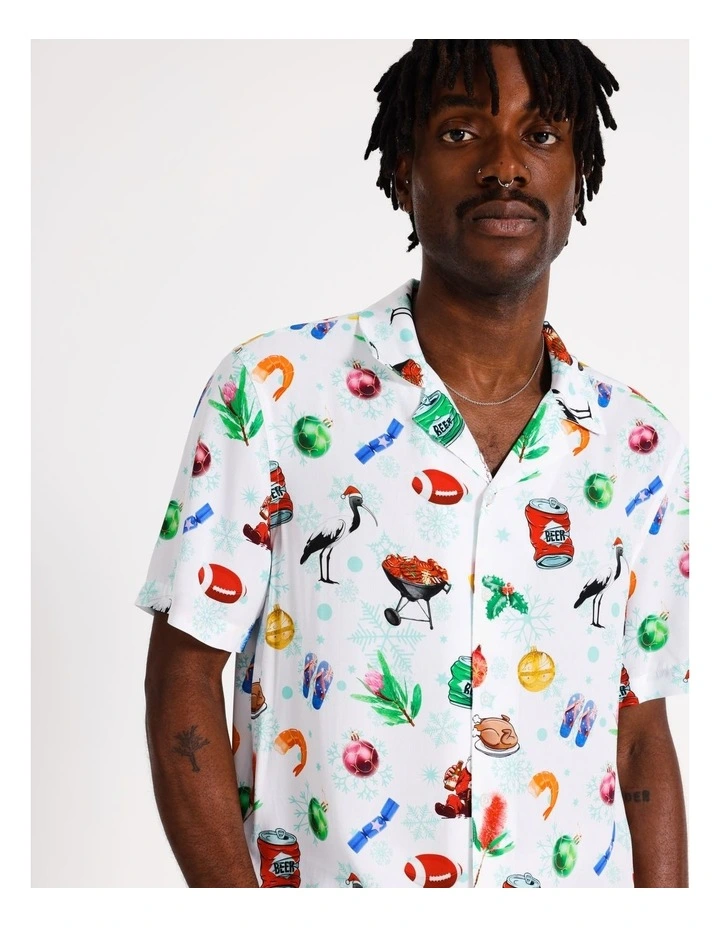 Aussie Xmas Print Short Sleeve Rayon Shirt in White