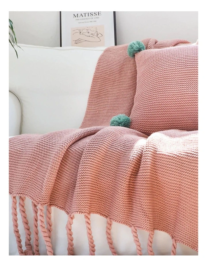 Tassel Fringe Knitting Blanket in Pink