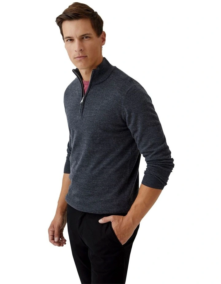 Zip Neck Merino Wool Knit in Charcoal