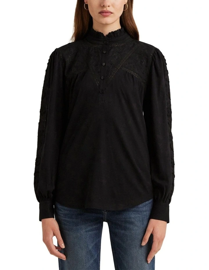 Lace-Trim Cotton-Blend Jersey Blouse in Black