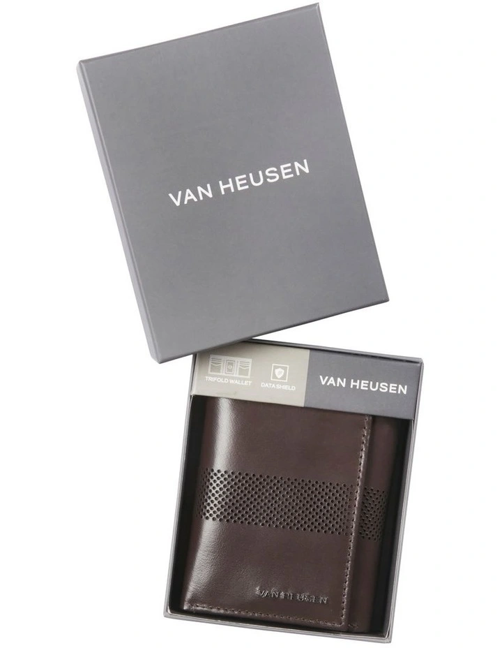 ID Window & Perforated Detail Trifold Zip Wallet in Brown
