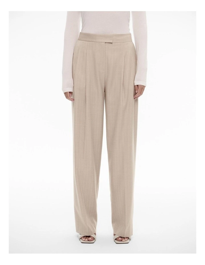 Wool Blend Pinstripe Pleat Trouser in Oat Marle