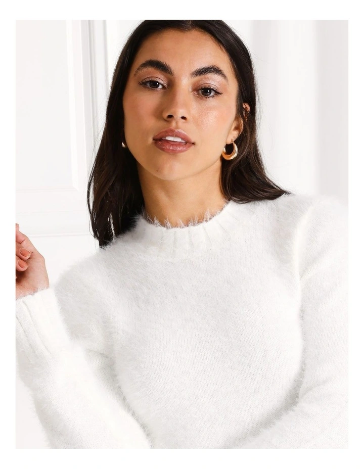 Recycled Blend Fluffy Crew Neck Knit Top in White