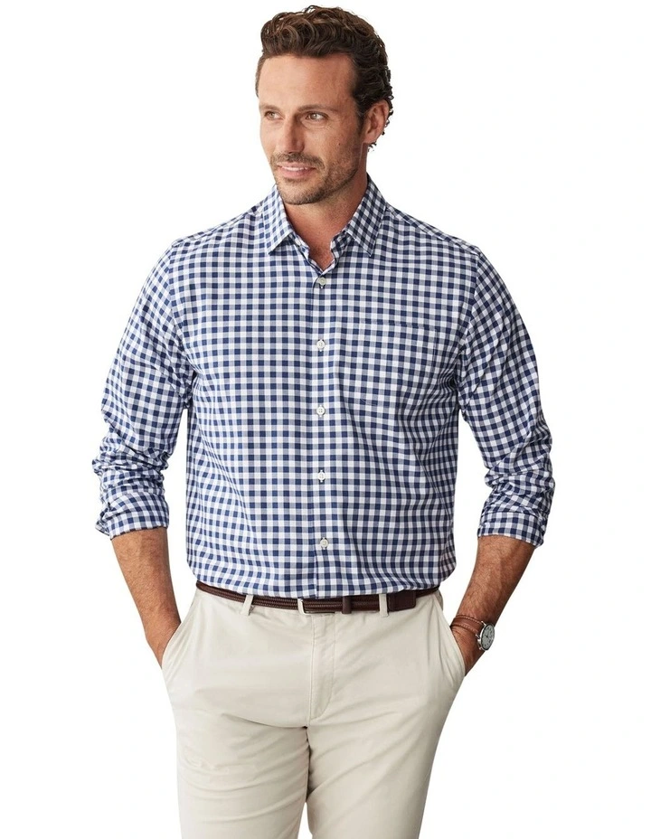 Easy Care Melange Gingham Long Sleeve Shirt in Navy