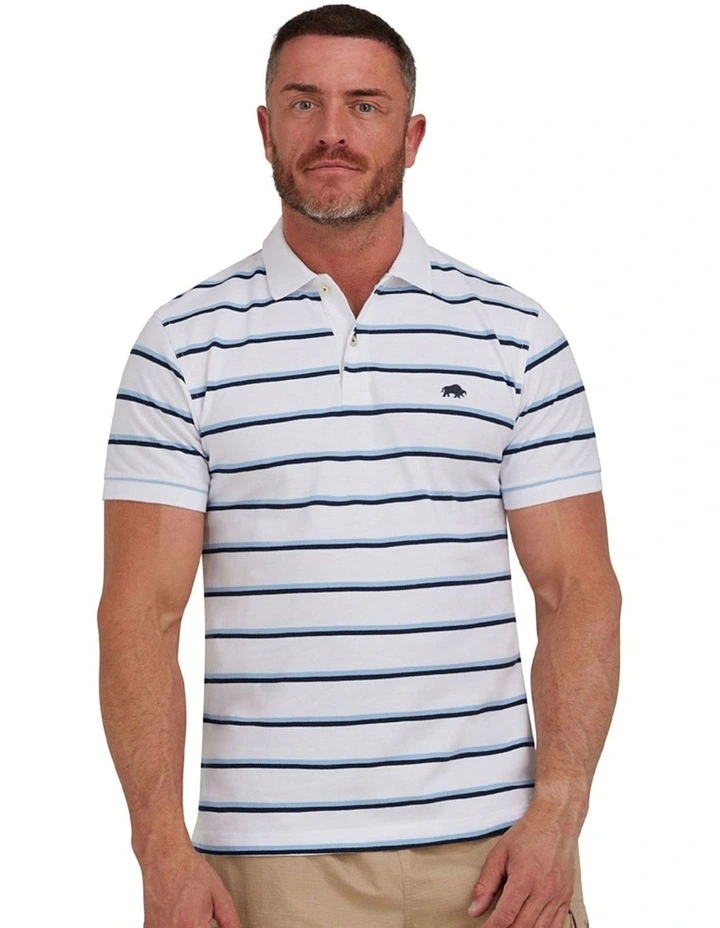 Trio Stripe Pique Polo in White