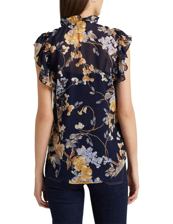 Floral Georgette Sleeveless Shirt in Navy