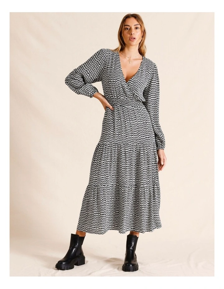 Long Sleeve Shirred Waist Dress in Navy
