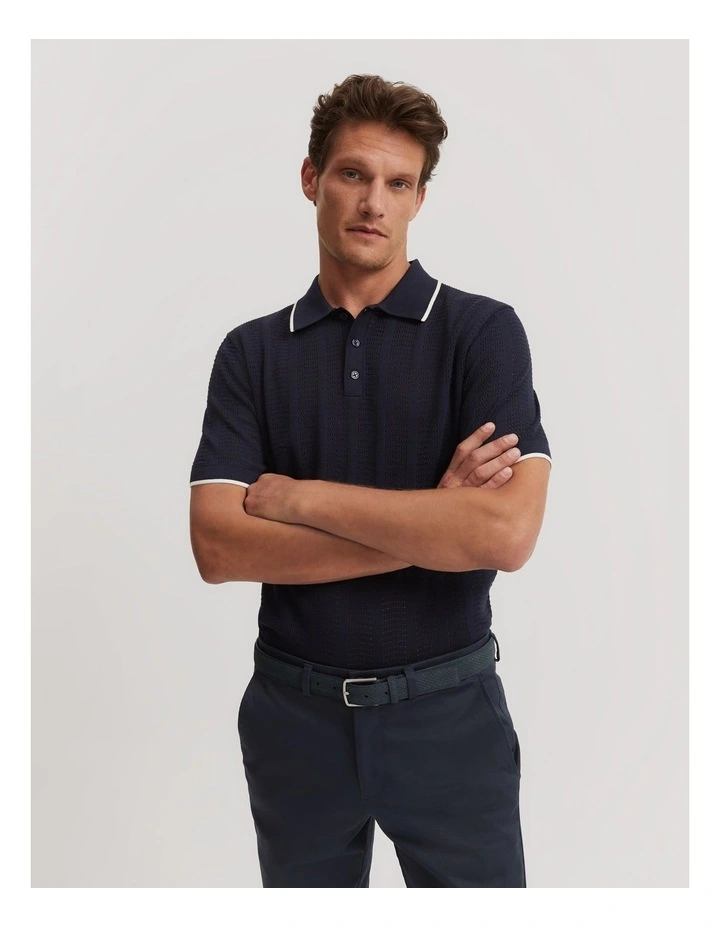 Cotton Silk Textured Stripe Polo Shirt in Navy