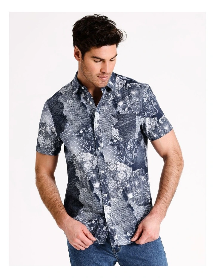 Lanai Patchwork Print Short Sleeve Shirt in Blue