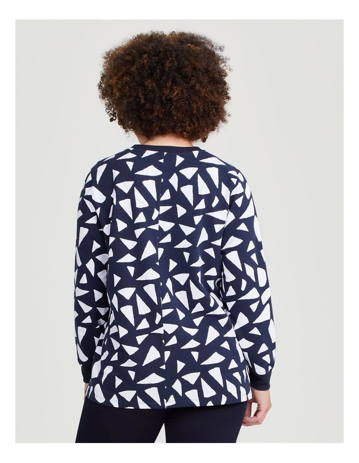 Cotton Geo Sweat Top in Navy/White