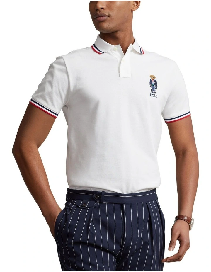 Custom Slim Fit Bear Polo Shirt in White