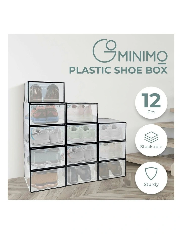Plastic Shoe Box Stackable Medium Size 12 Pieces in Transparent/Black