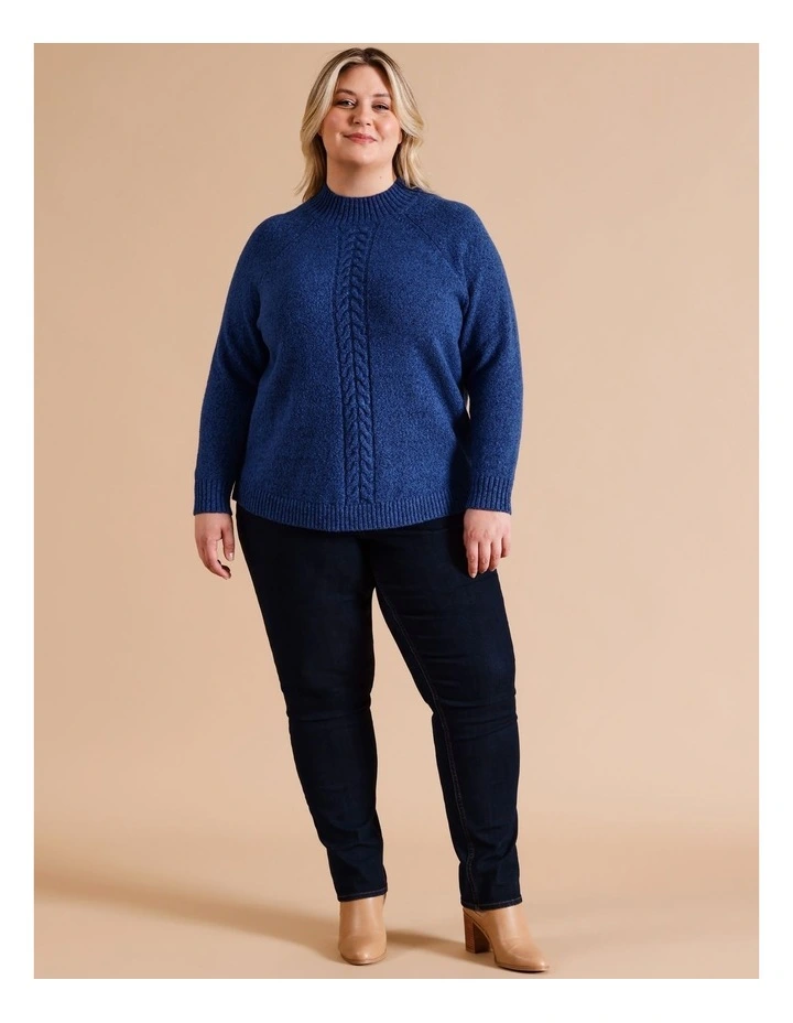 Centre Front and Sleeve Cable Armhole Jumper In Bright Blue Fleck