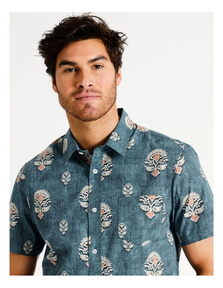 Rammy Floral Print Short Sleeve Shirt in Blue