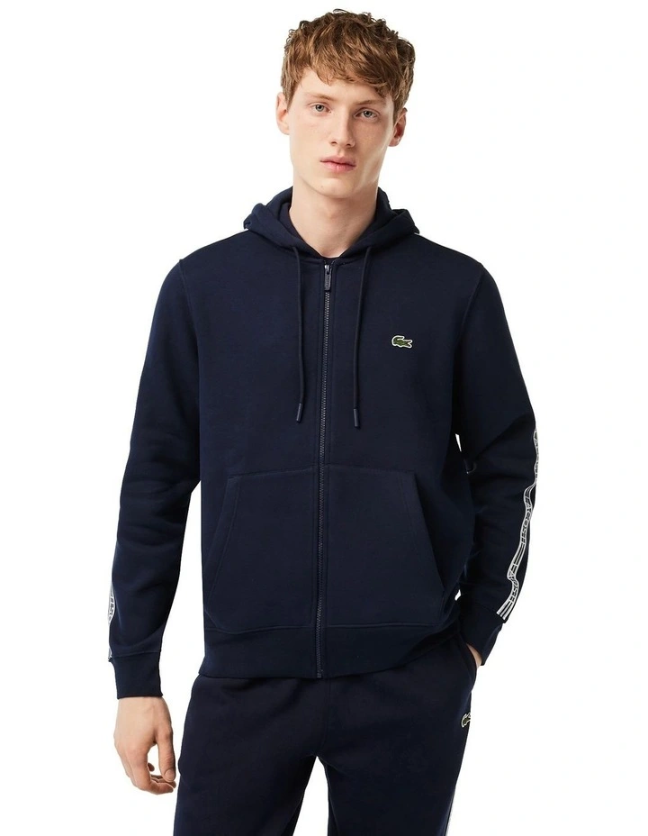 Logo Tape Fleece Zip Front Hoodie in Navy