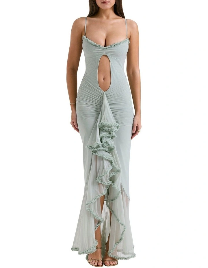 'Gabriella' Ruffled Front Gown in Pistachio