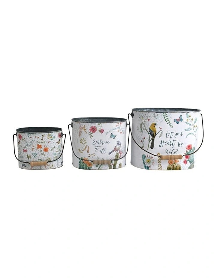 Birds & Butterflies Pot Planter Buckets Set of 3 in Multi
