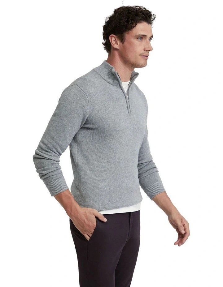 Robert Zip Neck Cotton Knit in Melange Grey