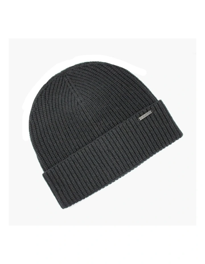 Pure Merino Wool Rib Knit Beanie Hat in Black