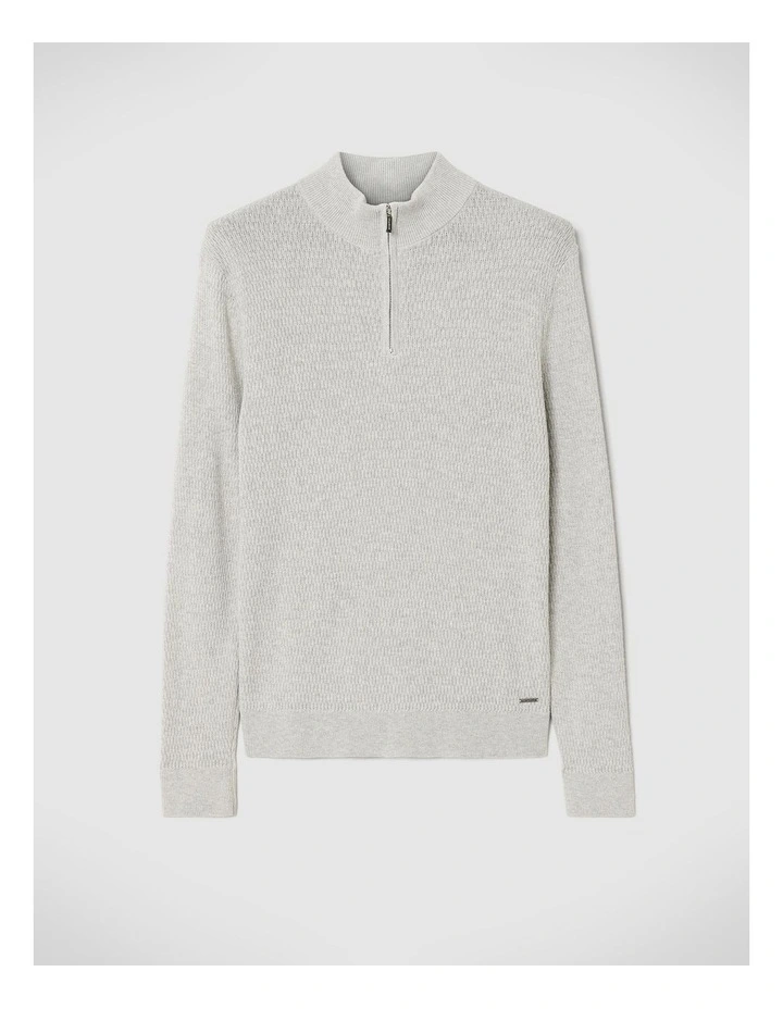 Funnel Neck Long Sleeve Knit With Honeycomb Texture Detail in Grey Marle