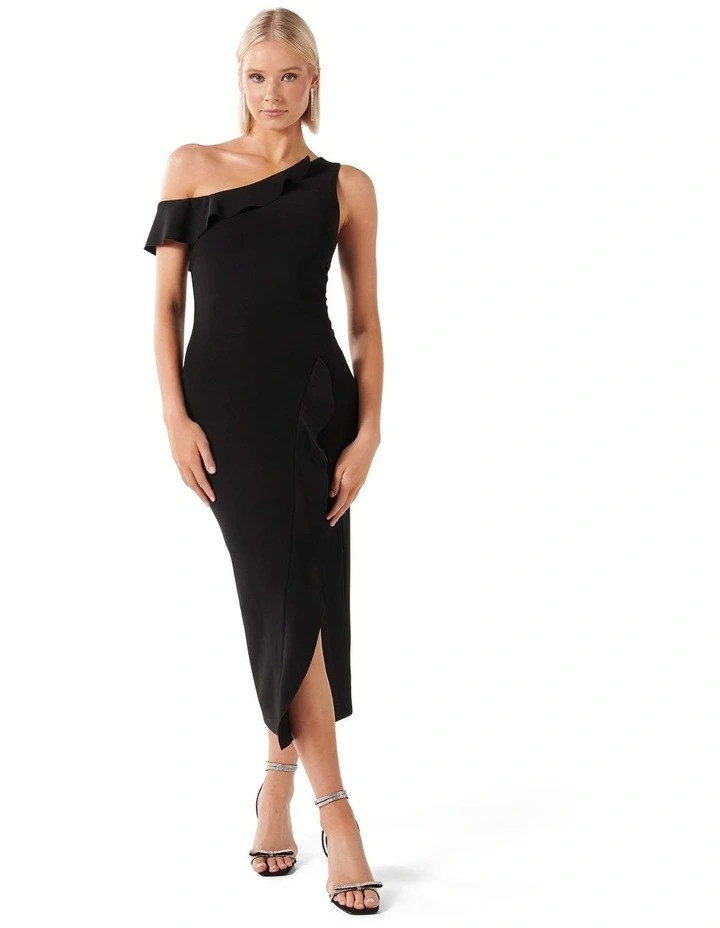 Tyra One Shoulder Ruffle Bodycon Dress in Black