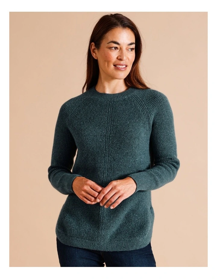 Diagonal Rib Jumper With Curved Hem In Teal
