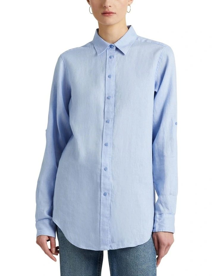 Linen Roll Tab-Sleeve Shirt in Blue